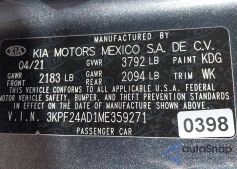 2021 Kia Forte Fe/Lxs from USA, damaged, VIN 3KPF24AD1ME359271